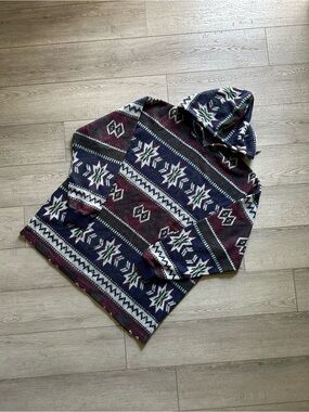 Men’s Hooded Crewneck Sweater - Navy & Burgundy Star Pattern